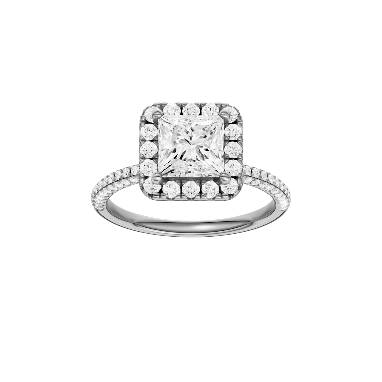 A front view of the Princess cut diamond engagement ring in 14k white gold with a pavé diamond band and solitaire setting