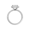 A profile view of the Princess cut diamond engagement ring in 14k white gold with a pavé diamond band and solitaire setting