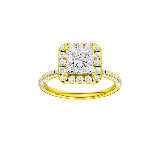 A front view of the Princess cut diamond engagement ring in 14k yellow gold with a pavé diamond band and solitaire setting