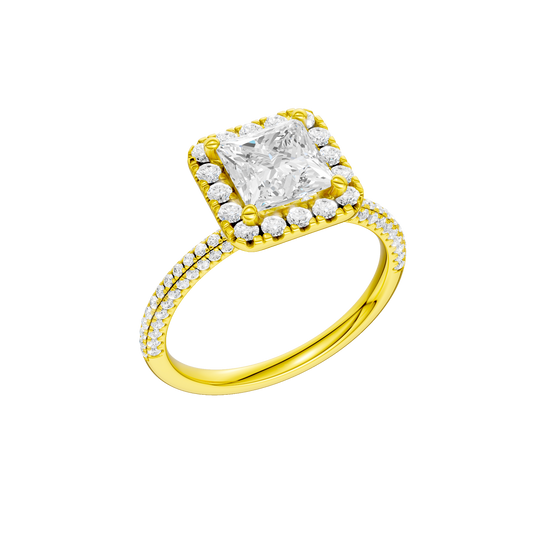 A three-quarter view of the Princess cut diamond engagement ring in 14k yellow gold with a pavé diamond band and solitaire setting