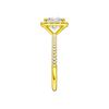 A side view of the Princess cut diamond engagement ring in 14k yellow gold with a pavé diamond band and solitaire setting