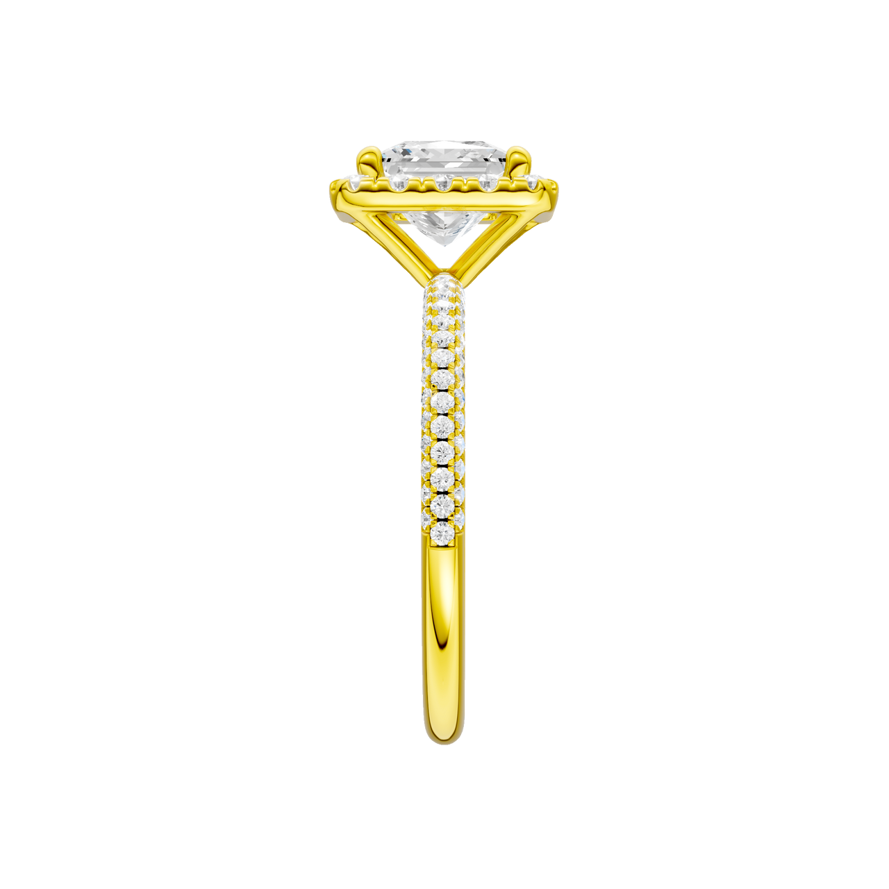 A side view of the Princess cut diamond engagement ring in 14k yellow gold with a pavé diamond band and solitaire setting