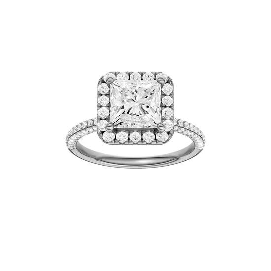 A front view of the Princess cut diamond engagement ring in platinum with a pavé diamond band and solitaire setting