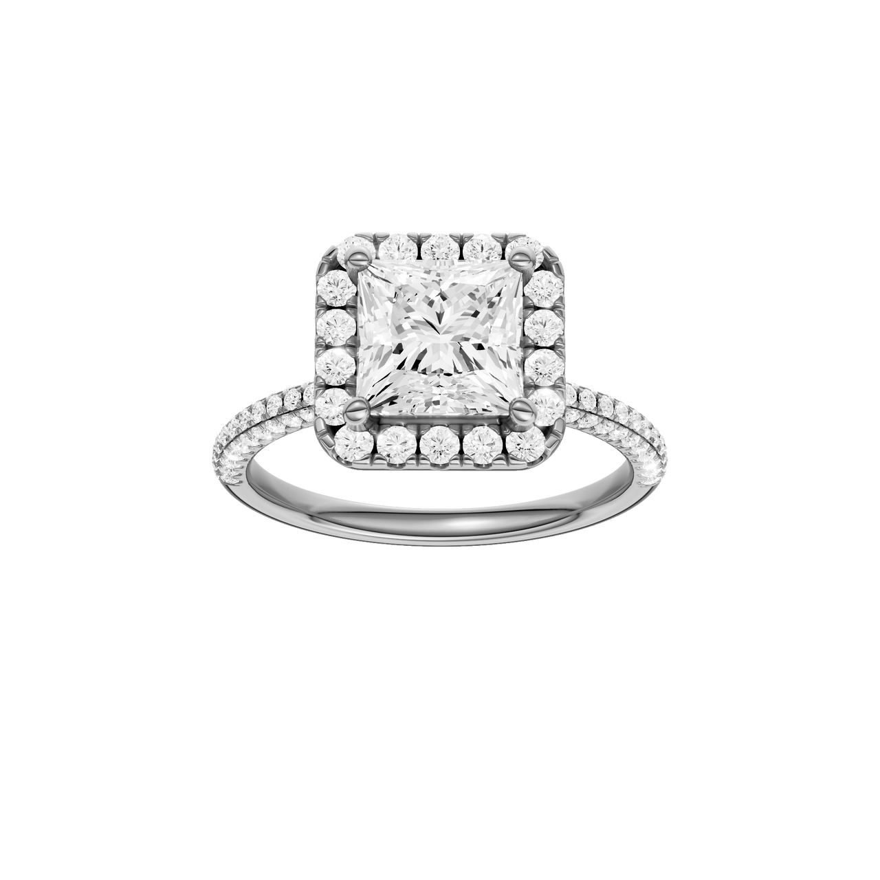 A front view of the Princess cut diamond engagement ring in platinum with a pavé diamond band and solitaire setting