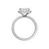 A profile view of the Princess cut diamond engagement ring in platinum with a pavé diamond band and solitaire setting