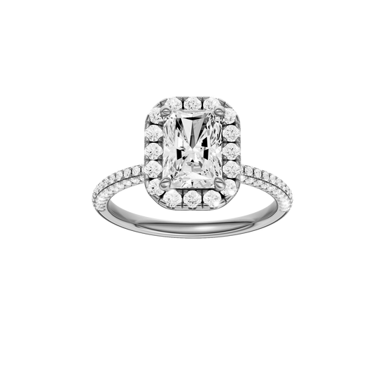 A front view of the Radiant cut diamond engagement ring in 14k white gold with a pavé diamond band and solitaire setting