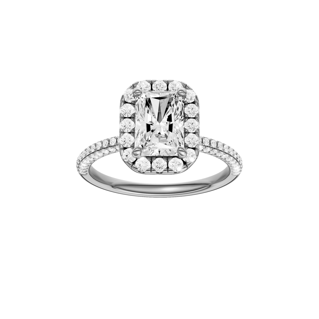 A front view of the Radiant cut diamond engagement ring in 14k white gold with a pavé diamond band and solitaire setting