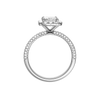 A profile view of the Radiant cut diamond engagement ring in 14k white gold with a pavé diamond band and solitaire setting