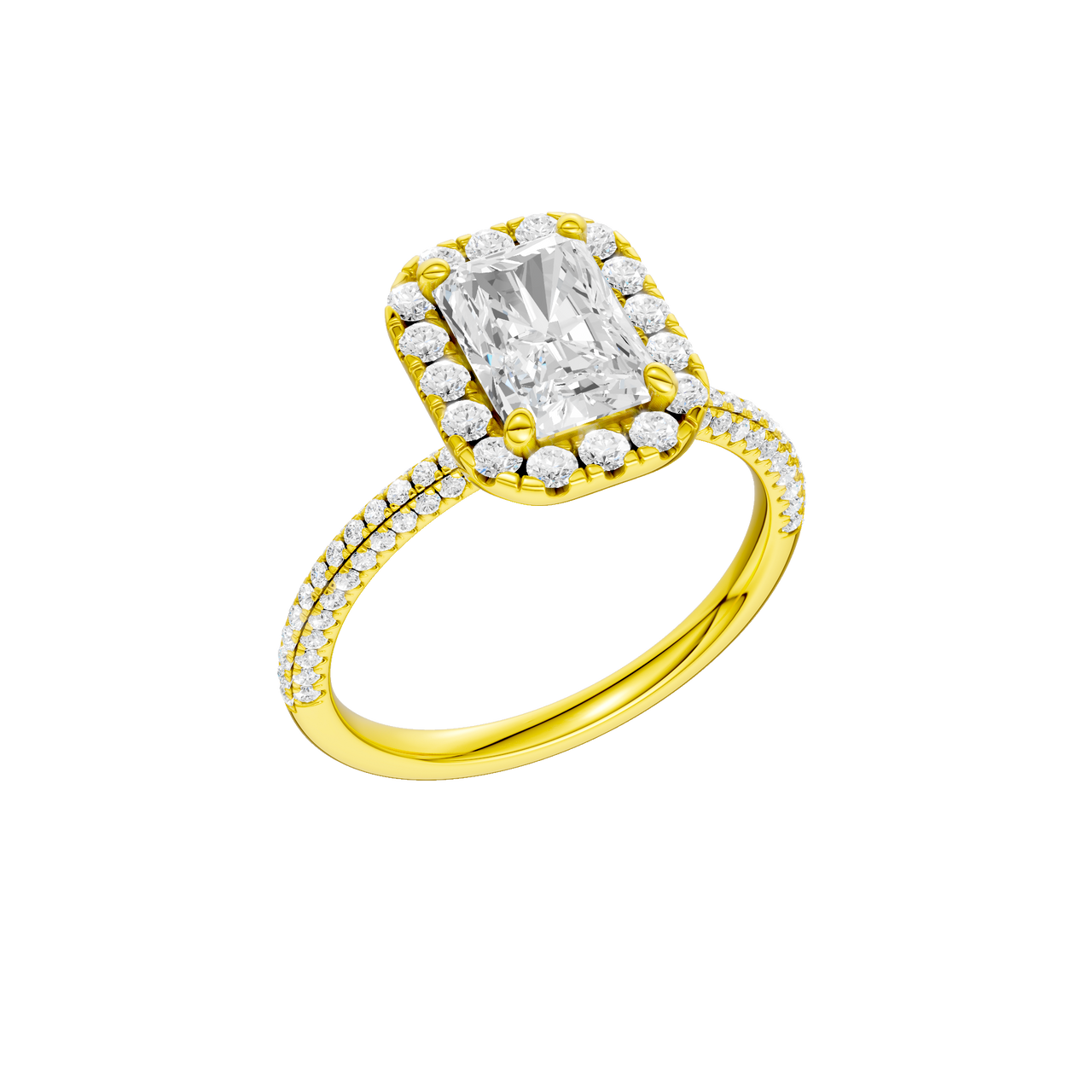 A three-quarter view of the Radiant cut diamond engagement ring in 14k yellow gold with a pavé diamond band and solitaire setting