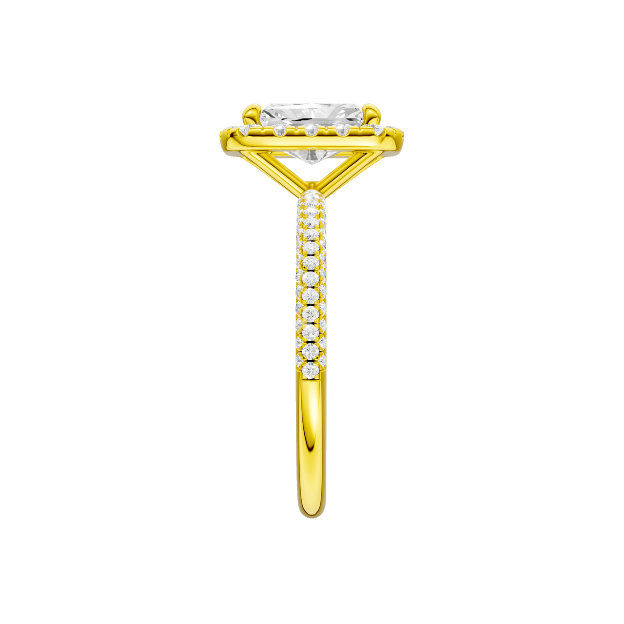 A side view of the Radiant cut diamond engagement ring in 14k yellow gold with a pavé diamond band and solitaire setting