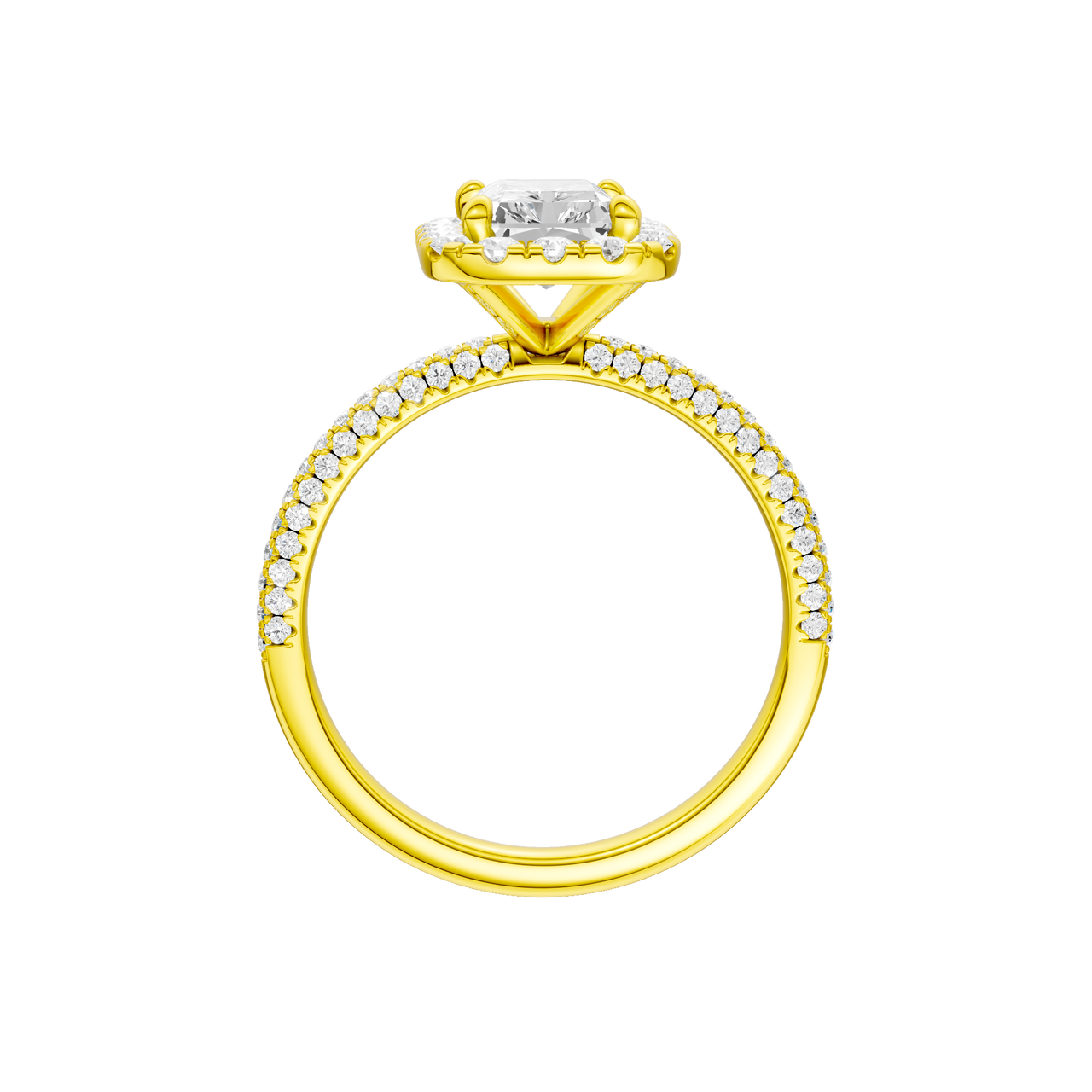 A profile view of the Radiant cut diamond engagement ring in 14k yellow gold with a pavé diamond band and solitaire setting