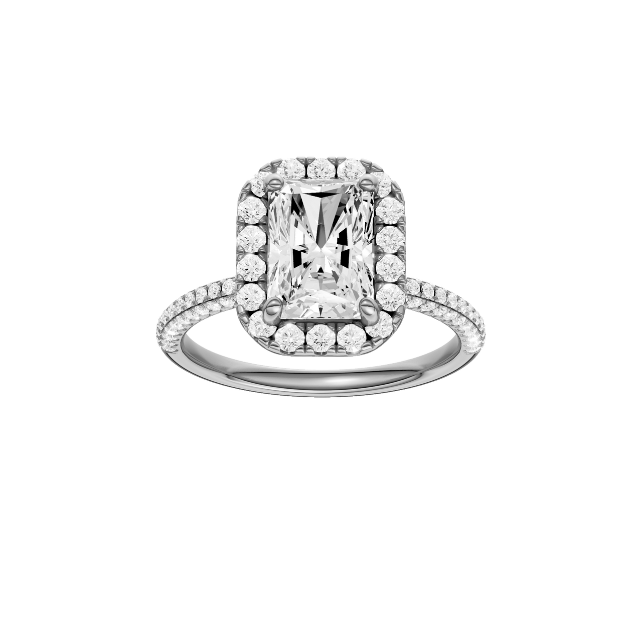 A front view of the Radiant cut diamond engagement ring in platinum with a pavé diamond band and solitaire setting