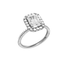 A three-quarter view of the Radiant cut diamond engagement ring in platinum with a pavé diamond band and solitaire setting