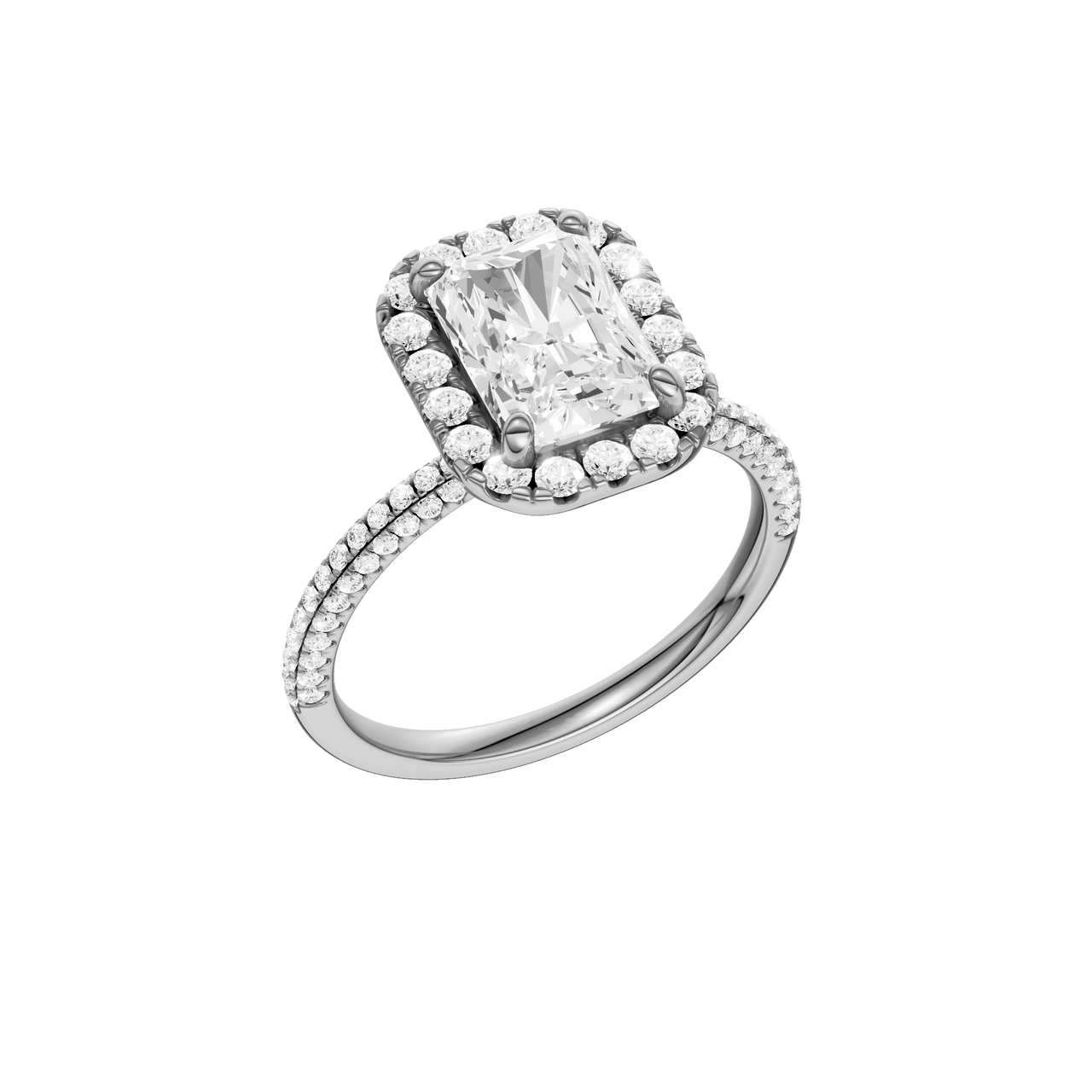 A three-quarter view of the Radiant cut diamond engagement ring in platinum with a pavé diamond band and solitaire setting