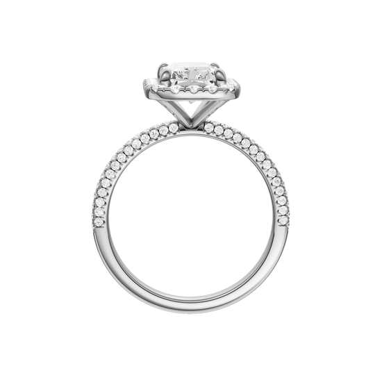 A profile view of the Radiant cut diamond engagement ring in platinum with a pavé diamond band and solitaire setting