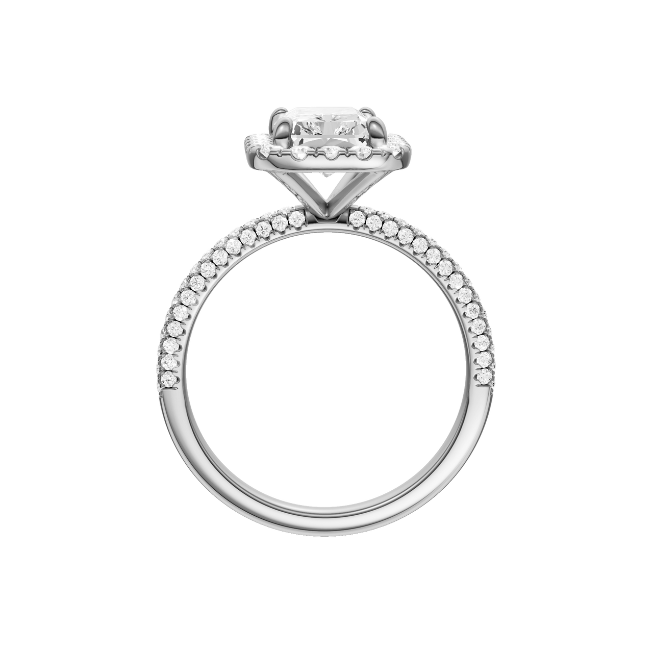 A profile view of the Radiant cut diamond engagement ring in platinum with a pavé diamond band and solitaire setting