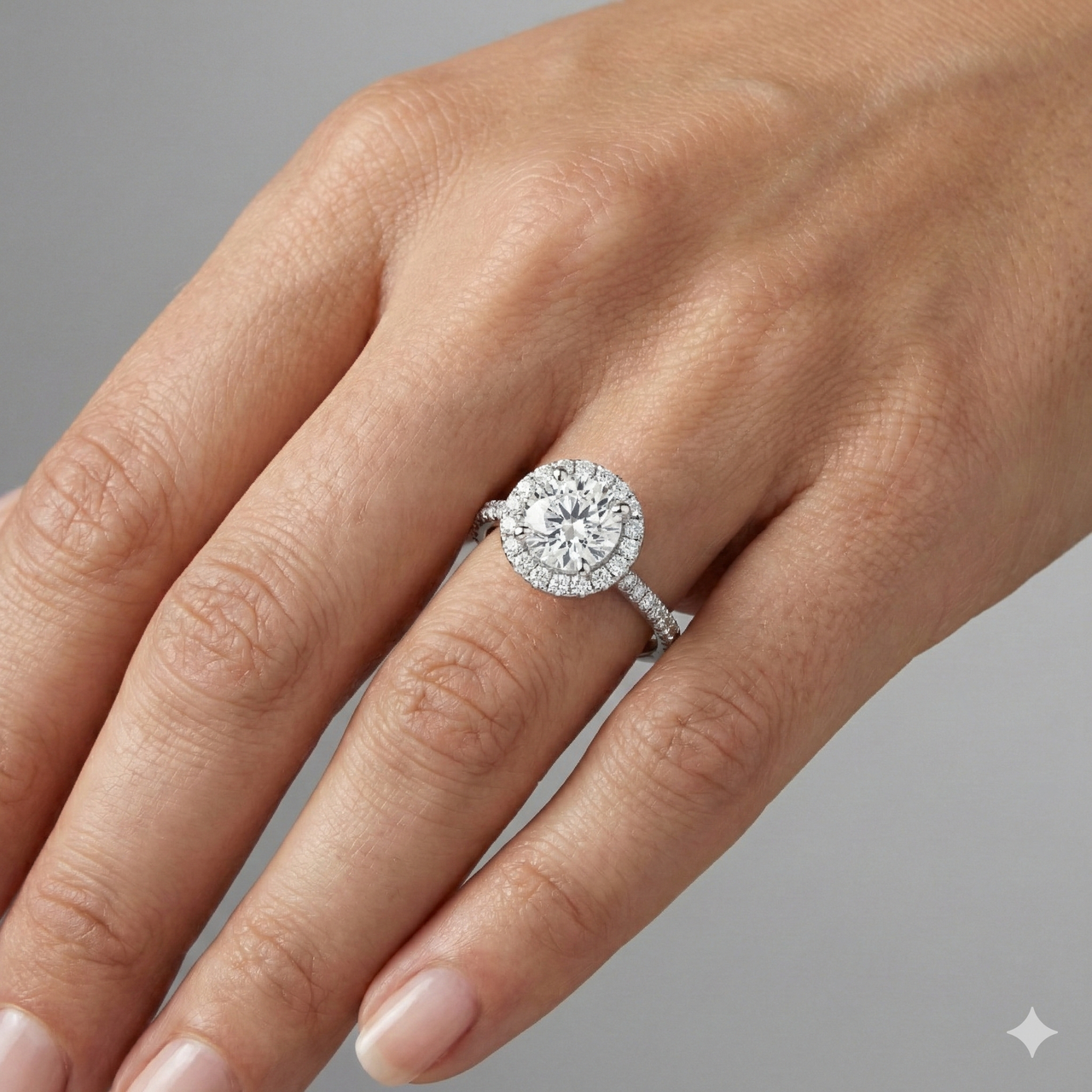 Round cut diamond engagement ring in 14k white gold with a pavé diamond band and solitaire setting on a hand