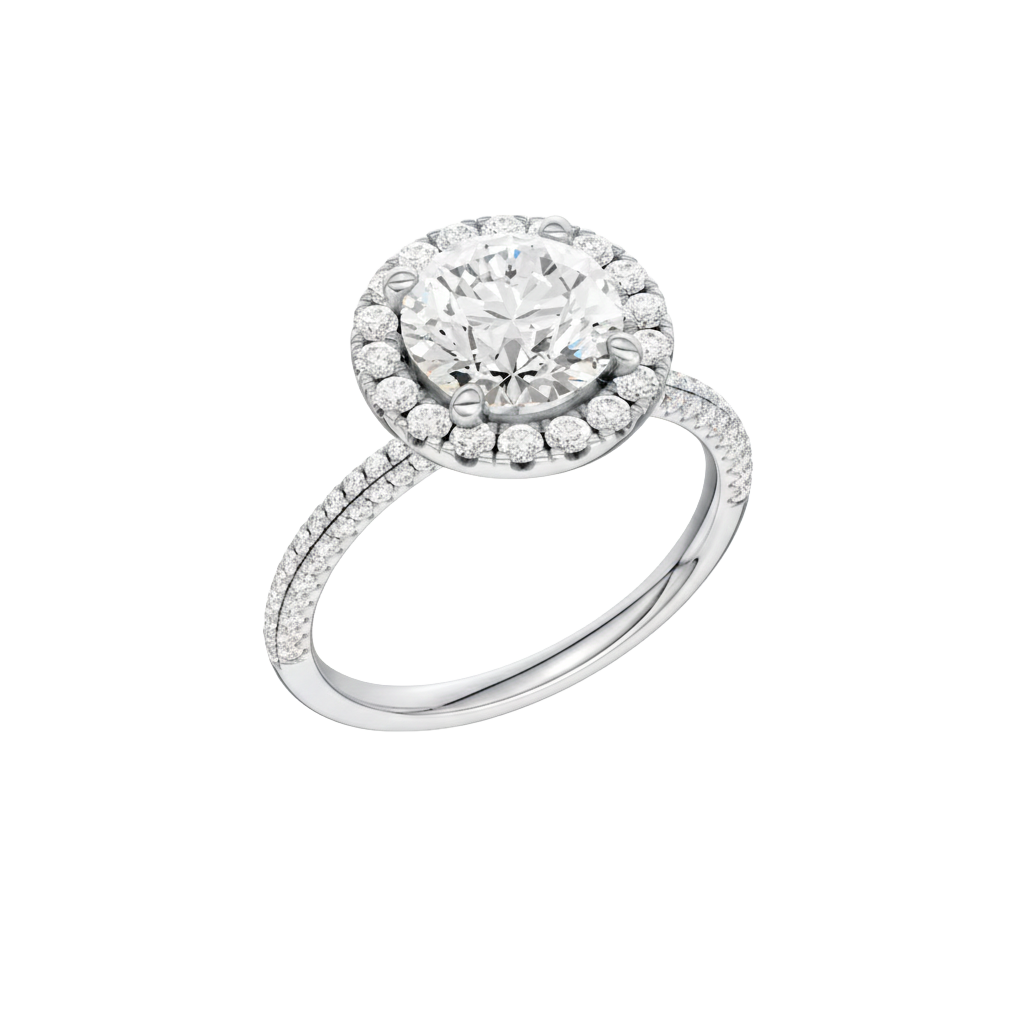 A three-quarter view of the Round cut diamond engagement ring in platinum with a pavé diamond band and solitaire setting