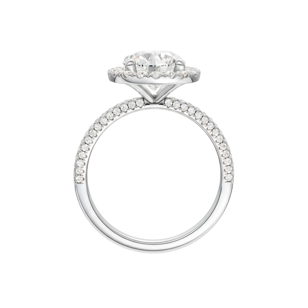 A profile view of the Round cut diamond engagement ring in 14k white gold with a pavé diamond band and solitaire setting