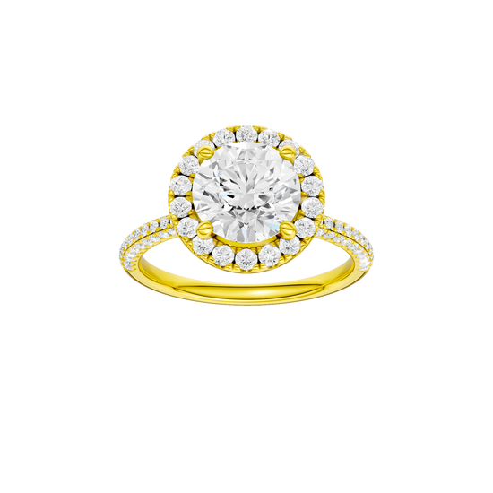 A front view of the Round cut diamond engagement ring in 14k yellow gold with a pavé diamond band and solitaire setting