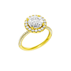 A three-quarter view of the Round cut diamond engagement ring in 14k yellow gold with a pavé diamond band and solitaire setting