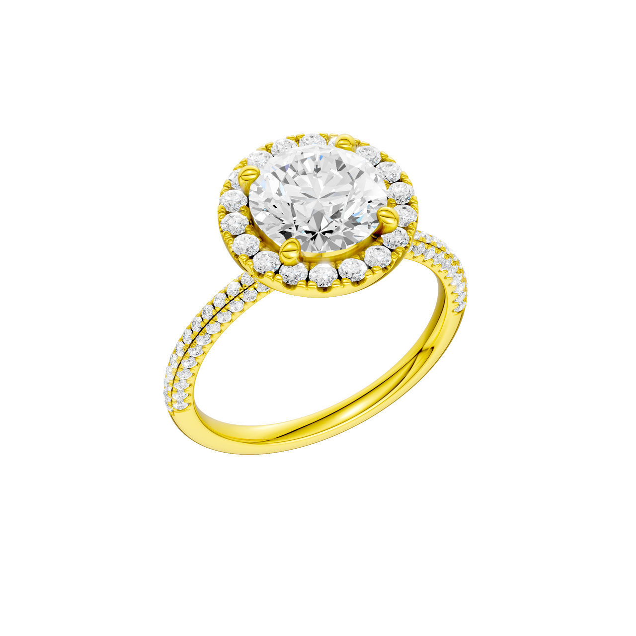 A three-quarter view of the Round cut diamond engagement ring in 14k yellow gold with a pavé diamond band and solitaire setting