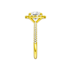 A side view of the Round cut diamond engagement ring in 14k yellow gold with a pavé diamond band and solitaire setting