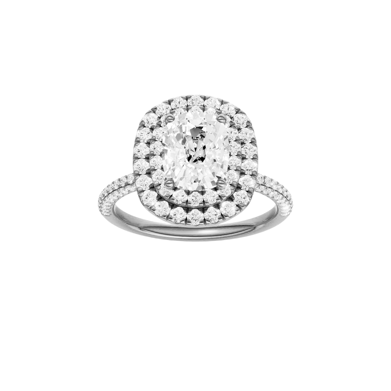 A front view of the Elongated cushion cut diamond engagement ring in platinum with a pavé diamond band and solitaire setting