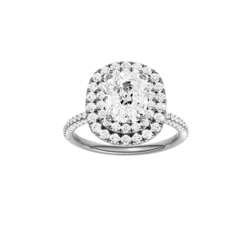 A front view of the Elongated cushion cut diamond engagement ring in 14k white gold with a pavé diamond band and solitaire setting
