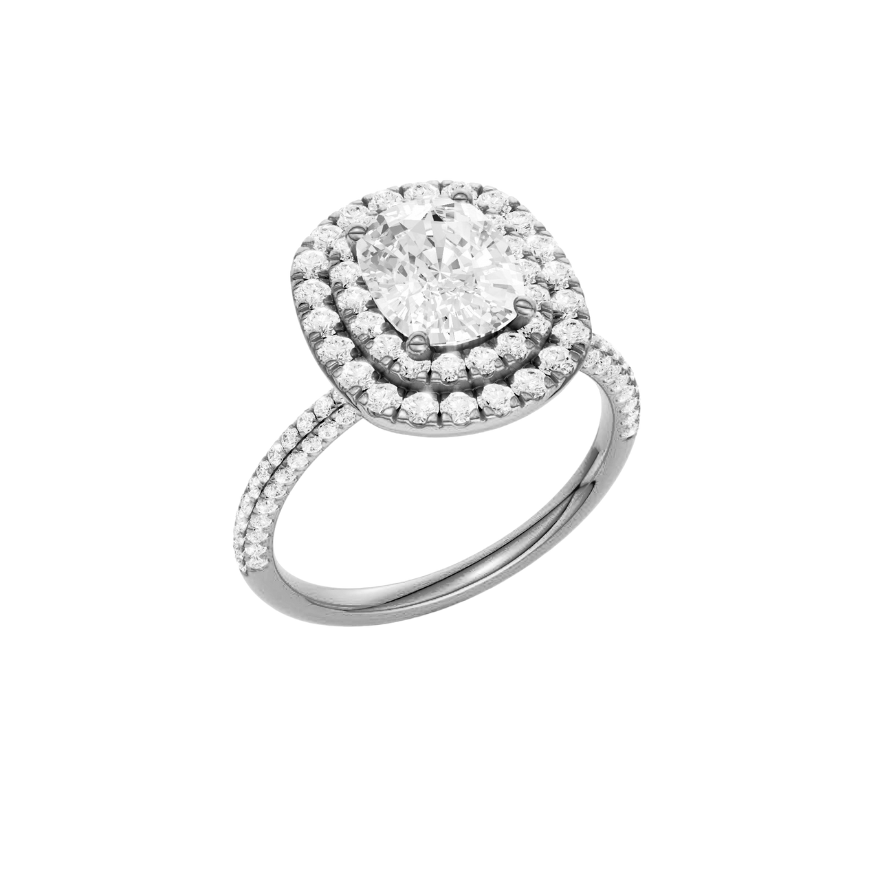 A three-quarter view of the Elongated cushion cut diamond engagement ring in platinum with a pavé diamond band and solitaire setting