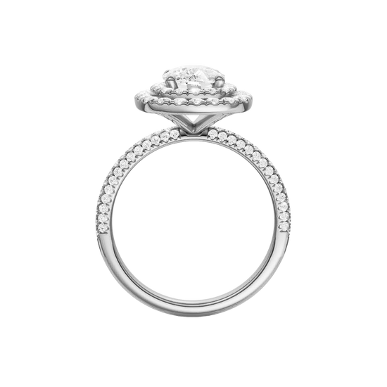 A profile view of the Elongated cushion cut diamond engagement ring in platinum with a pavé diamond band and solitaire setting