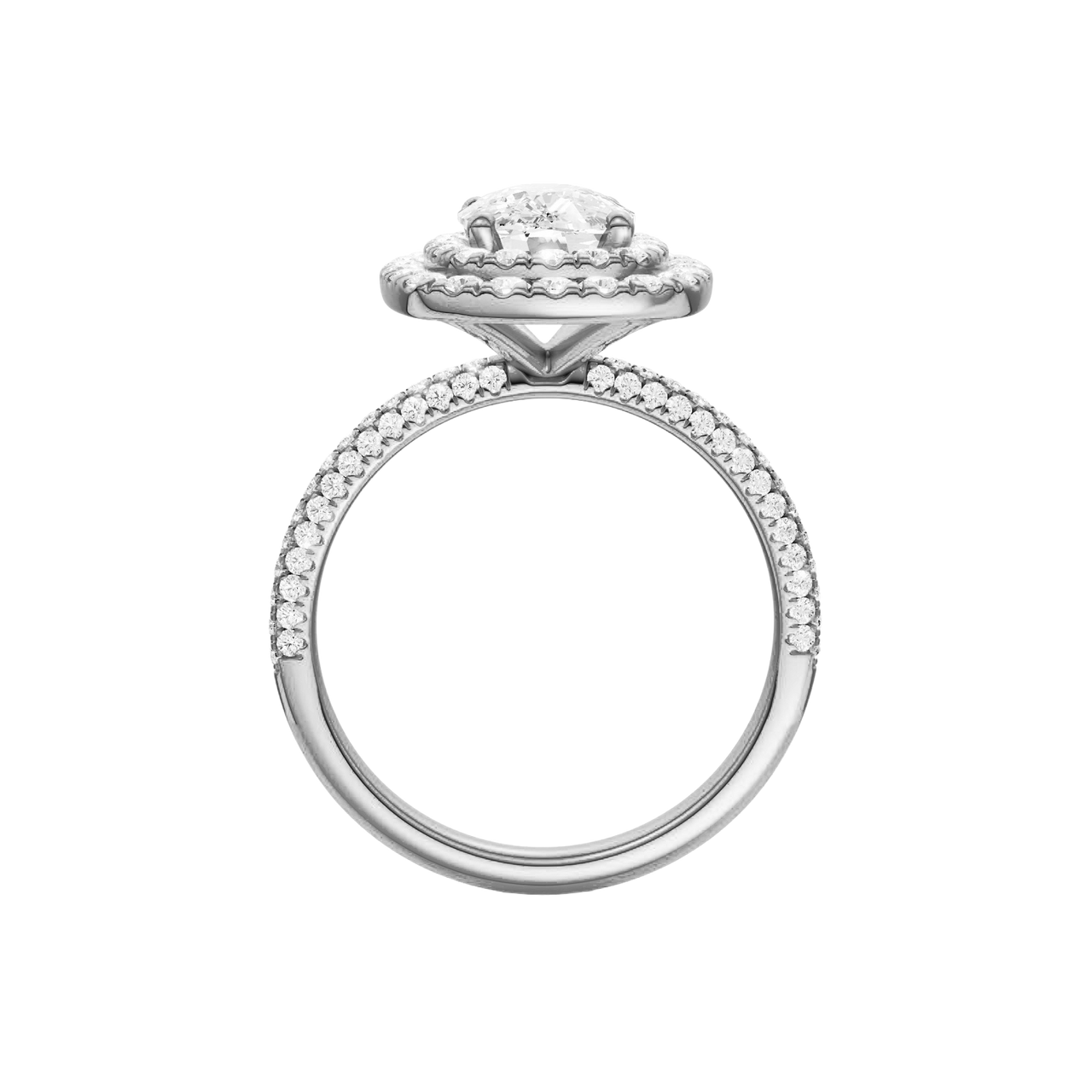 A profile view of the Elongated cushion cut diamond engagement ring in platinum with a pavé diamond band and solitaire setting
