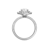 A profile view of the Elongated cushion cut diamond engagement ring in 14k white gold with a pavé diamond band and solitaire setting