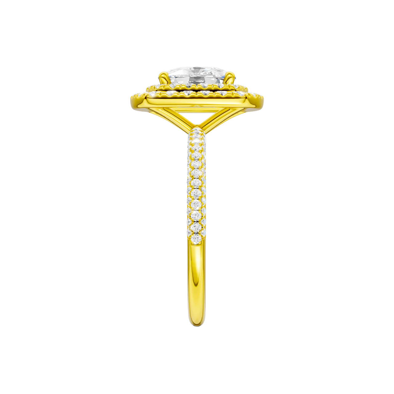 A side view of the Elongated cushion cut diamond engagement ring in 14k yellow gold with a pavé diamond band and solitaire setting