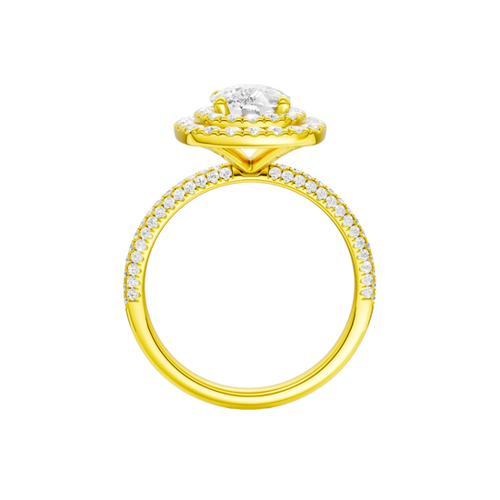 A profile view of the Elongated cushion cut diamond engagement ring in 14k yellow gold with a pavé diamond band and solitaire setting