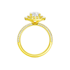 A profile view of the Elongated cushion cut diamond engagement ring in 14k yellow gold with a pavé diamond band and solitaire setting