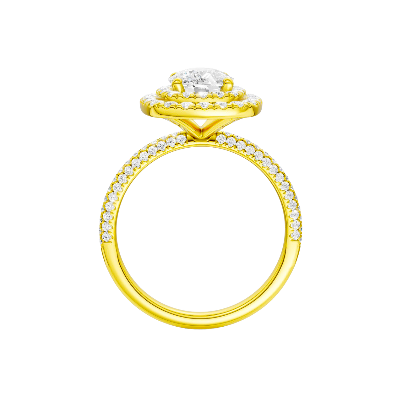 A profile view of the Elongated cushion cut diamond engagement ring in 14k yellow gold with a pavé diamond band and solitaire setting