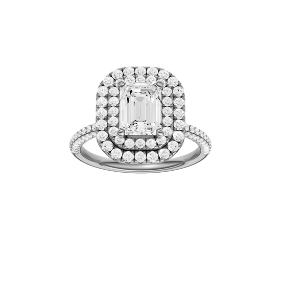 A front view of the Emerald cut diamond engagement ring in 14k white gold with a pavé diamond band and solitaire setting
