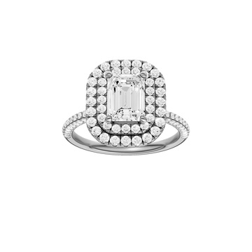 A front view of the Emerald cut diamond engagement ring in 14k white gold with a pavé diamond band and solitaire setting