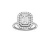 A front view of the Emerald cut diamond engagement ring in platinum with a pavé diamond band and solitaire setting