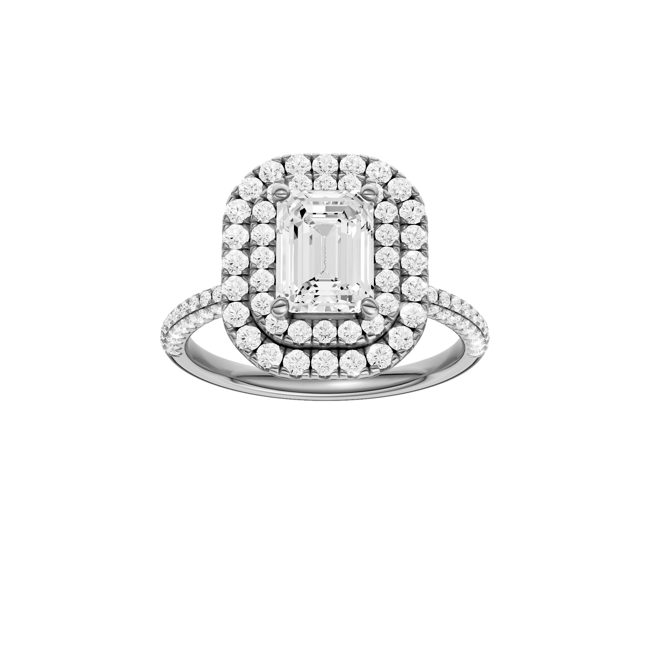 A front view of the Emerald cut diamond engagement ring in platinum with a pavé diamond band and solitaire setting