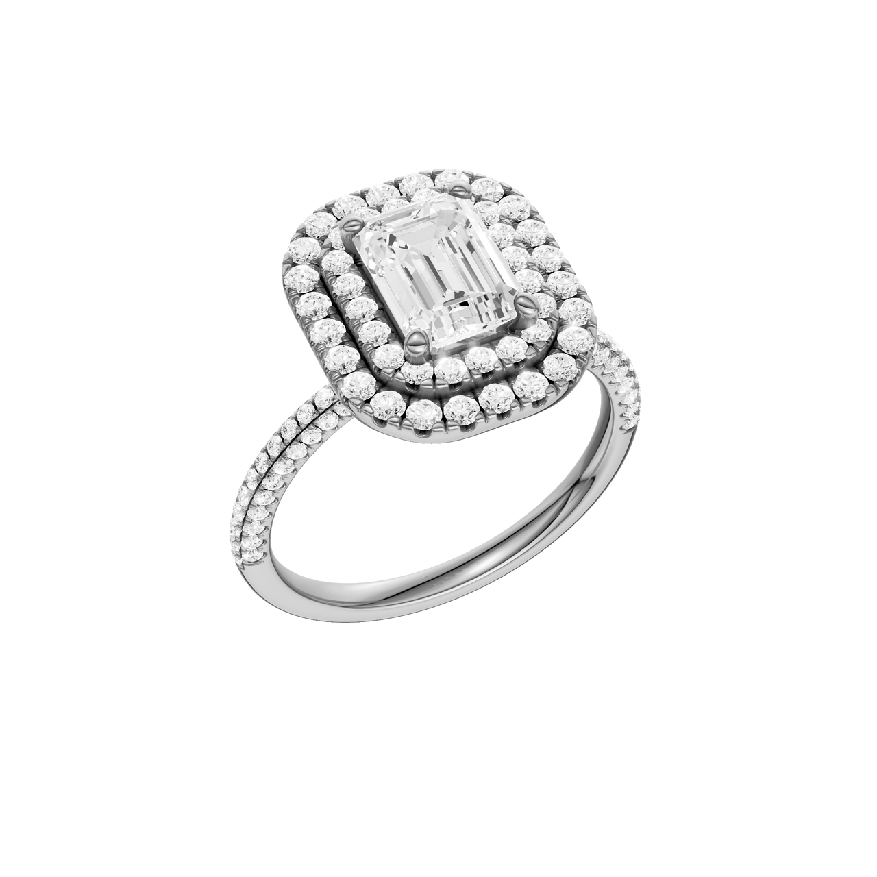 A three-quarter view of the Emerald cut diamond engagement ring in 14k white gold with a pavé diamond band and solitaire setting