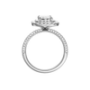 A profile view of the Emerald cut diamond engagement ring in platinum with a pavé diamond band and solitaire setting