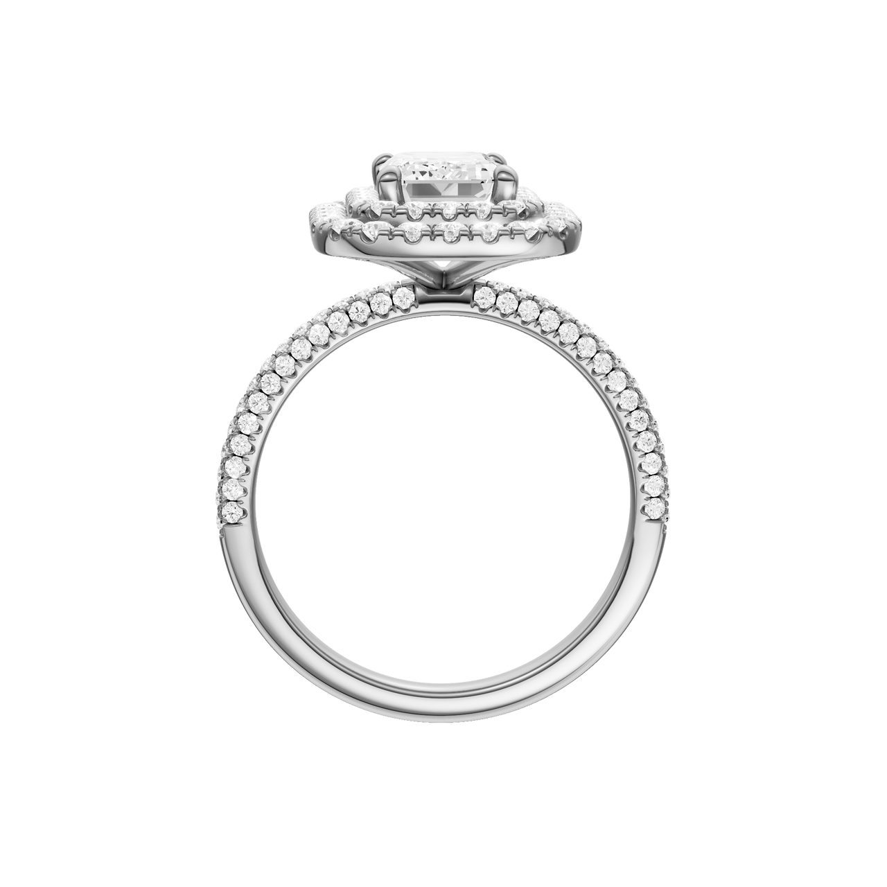 A profile view of the Emerald cut diamond engagement ring in platinum with a pavé diamond band and solitaire setting