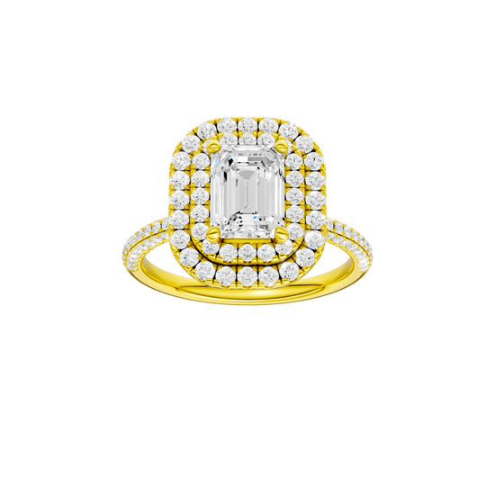 A front view of the Emerald cut diamond engagement ring in 14k yellow gold with a pavé diamond band and solitaire setting
