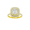 A front view of the Emerald cut diamond engagement ring in 14k yellow gold with a pavé diamond band and solitaire setting