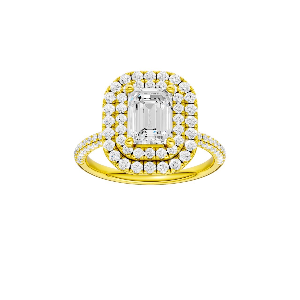 A front view of the Emerald cut diamond engagement ring in 14k yellow gold with a pavé diamond band and solitaire setting