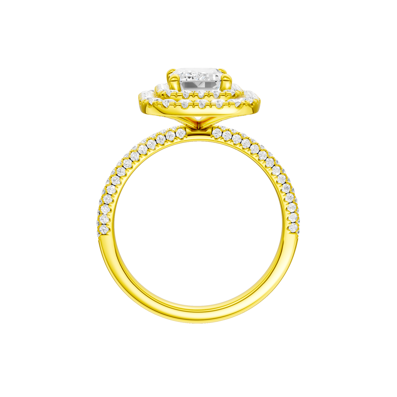 A profile view of the Emerald cut diamond engagement ring in 14k yellow gold with a pavé diamond band and solitaire setting