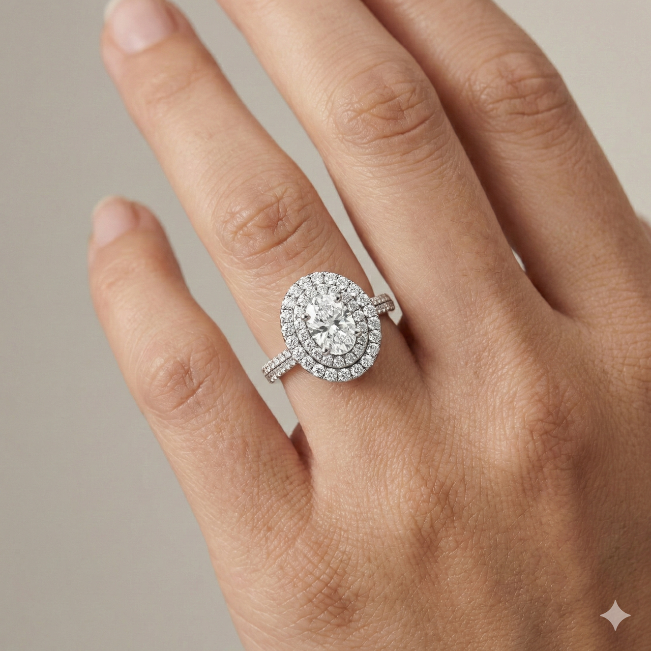 Oval cut diamond engagement ring in 14k white gold with a pavé diamond band and solitaire setting on a hand