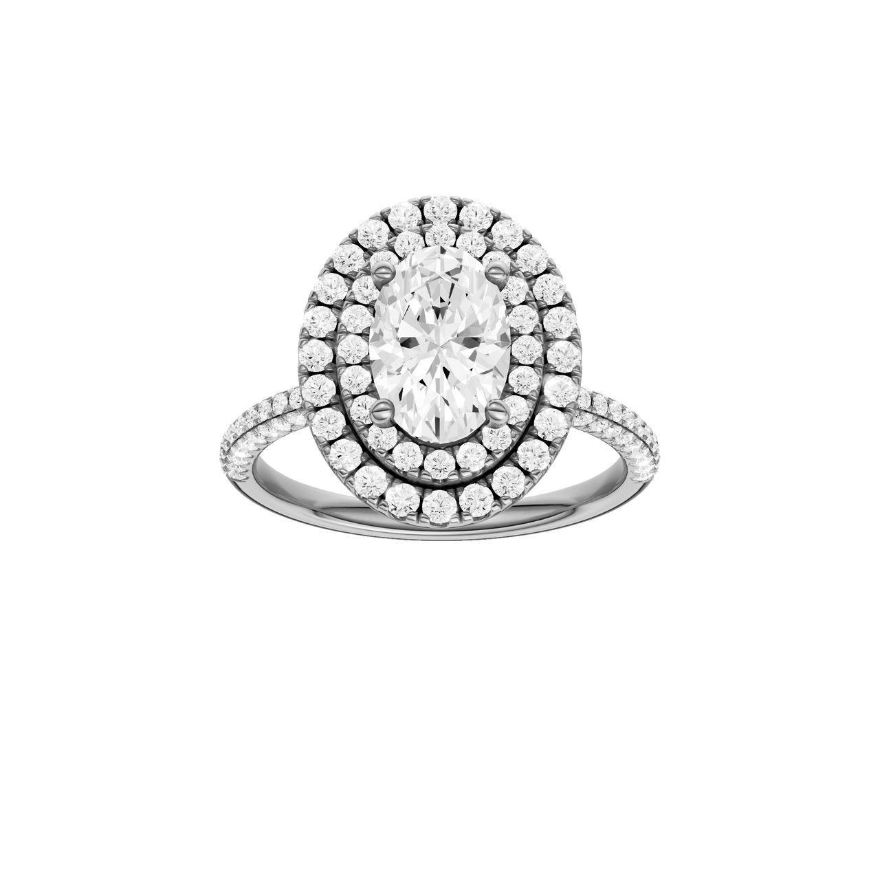 A front view of the Oval cut diamond engagement ring in 14k white gold with a pavé diamond band and solitaire setting